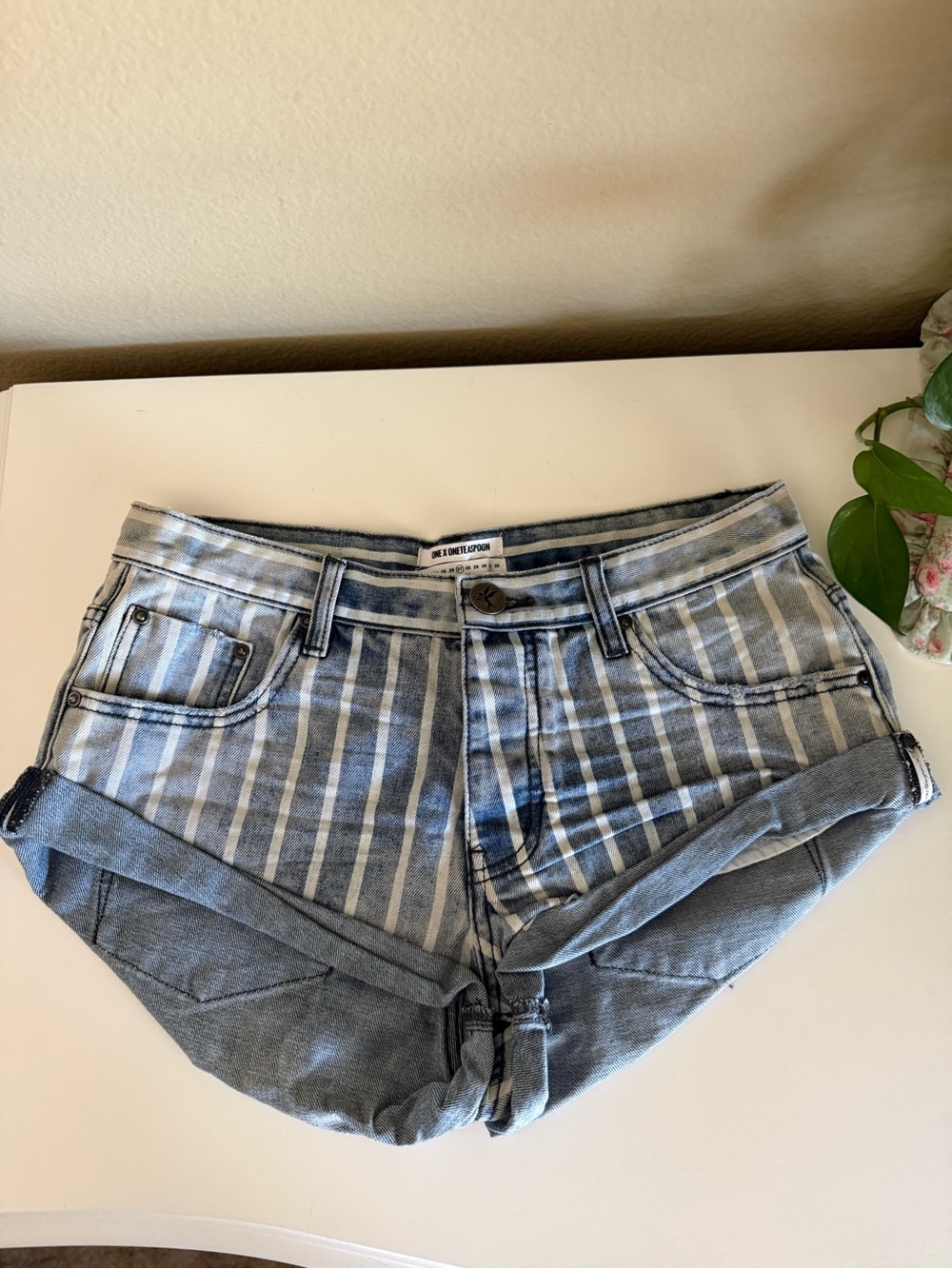 One Teaspoon Bandits Blue and White Striped Roll-Cuff Jean Shorts